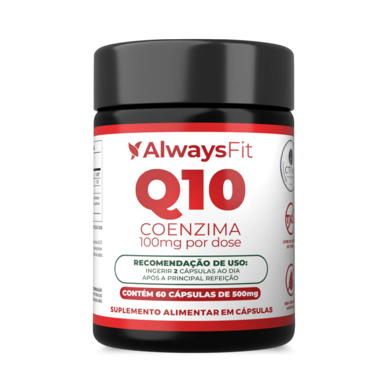 Frasco de Coenzima Q10 Always Fit, com tampa preta e rótulo branco e vermelho.