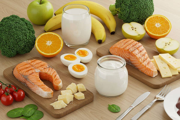 Alimentos saudáveis: salmão, frutas, legumes e laticínios.