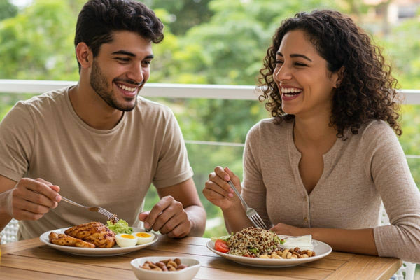 Casal sorridente almoçando em ambiente ao ar livre
