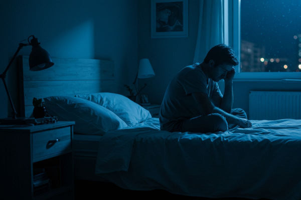 Homem pensativo em quarto escuro de noite