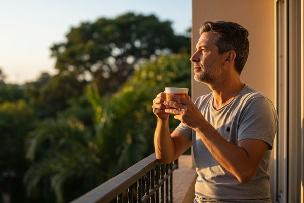 Homem apreciando chá na varanda ao pôr do sol