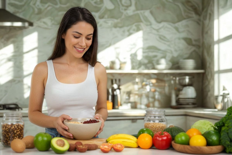 Mulher sorrindo com tigela de frutas e vegetais