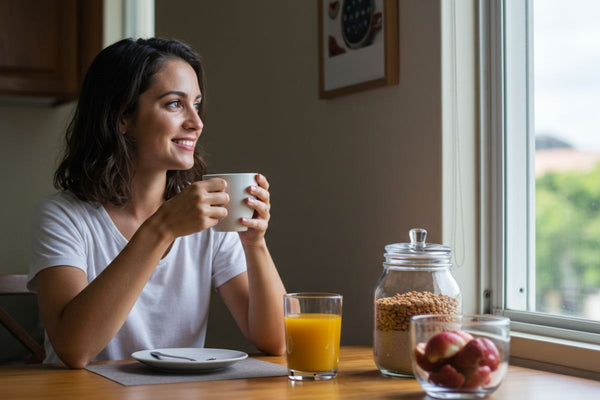 Mulher sorrindo com xícara de café na mesa