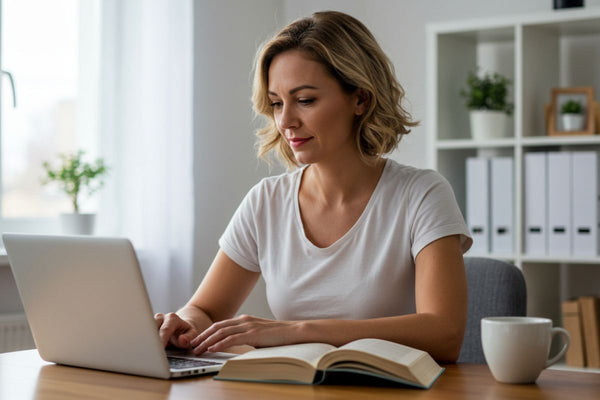 Mulher trabalhando em laptop com livro próximo