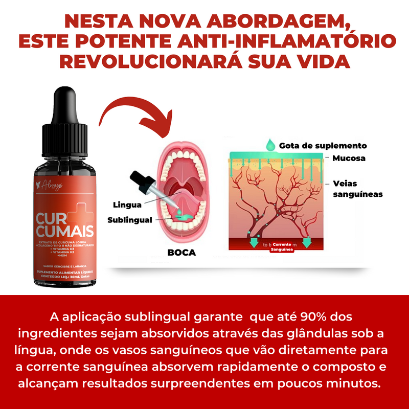 Curcumais - Dor muscular e articular (Cúrcuma, Vitamina D3, K2, MSM, Colágeno Tipo 2 e Condroitina)