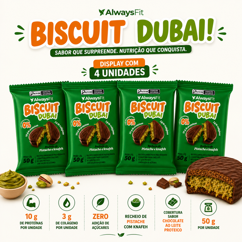 Display 4x Alfajor Biscuit Dubai Pistache + Knafeh – Snack Proteico Always Fit
