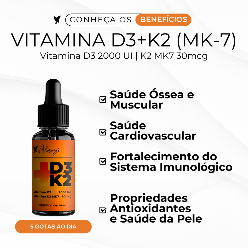 Vitamina D3+K2 (MK-7) em Gotas - 2000 UI D3 e 30 mcg K2 por Dose - 20ml