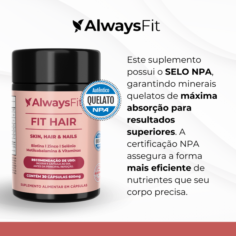 FitHair® - Biotina, Zinco, Ferro, Cobre, Cisteína e + Vitaminas - 30 Cápsulas