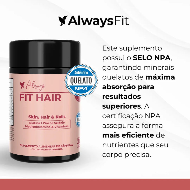 FitHair® - Biotina, Zinco, Ferro, Cobre, Cisteína e + Vitaminas - 30 Cápsulas