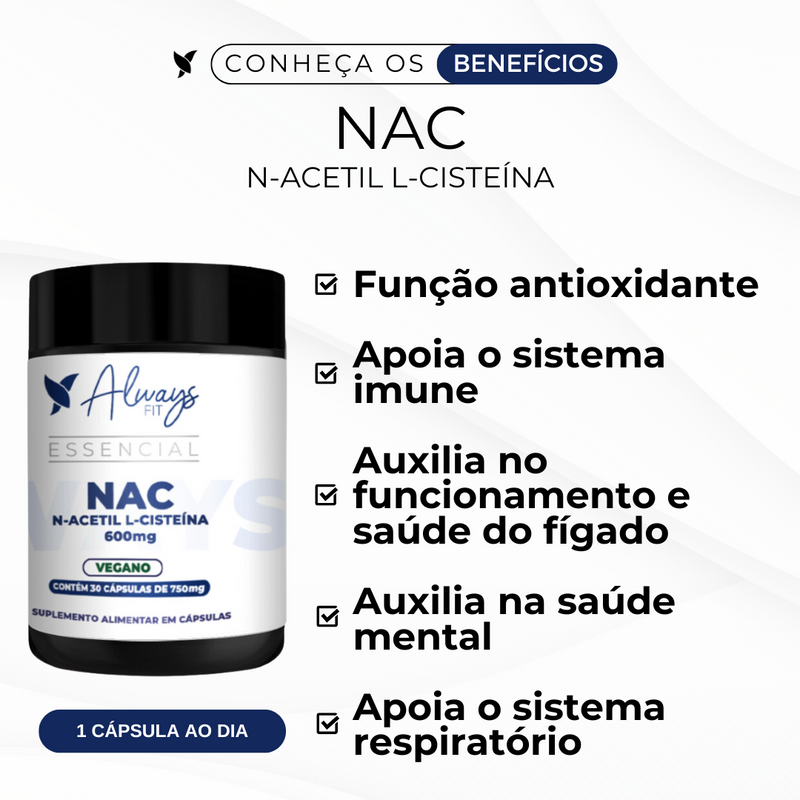 N-Acetil L-Cisteína NAC - 600mg - Precursor da Glutationa - 30 Cápsulas