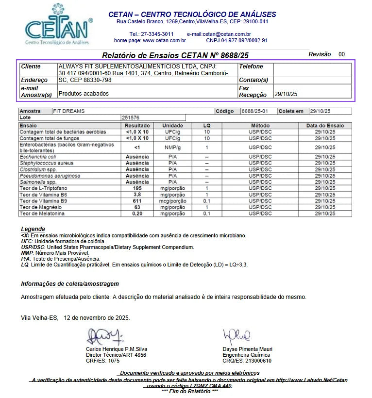 FitDreams® - Melatonina, Magnésio, L-Triptofano, B6 e B9 (MetilFolato) - 30 Cápsulas
